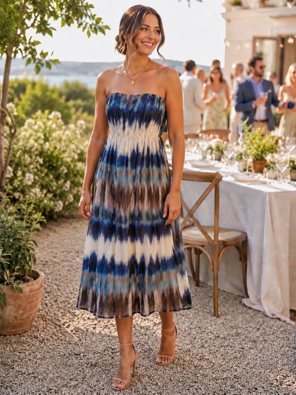 Banana Republic Strapless Blue Brown Tie-Dye Midi Dress 14P Petite NWT
